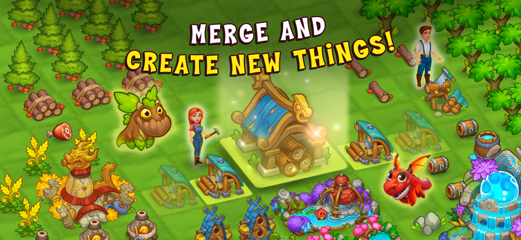 Gameplay screenshot showing the merge mechanic to build structures and collect dragons