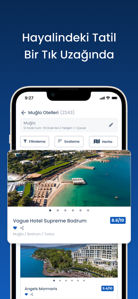 Tatilbudur app interface showing hotel listings in Mugla and Bodrum with ratings and filtering options
