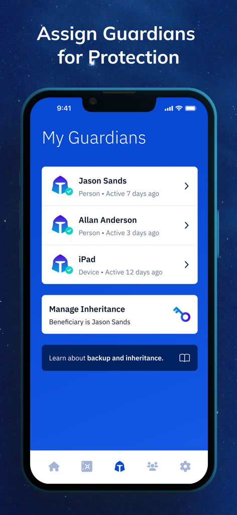 Vault12 Guard app screen for assigning and managing guardians to protect crypto assets and inheritance
