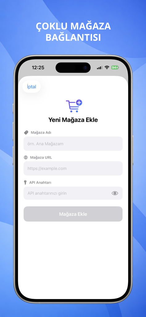 OpenCart Admin - Interface de l'application mobile OpenCart Admin montrant le formulaire pour ajouter une nouvelle boutique avec les champs pour le nom, l'URL et la clé API.