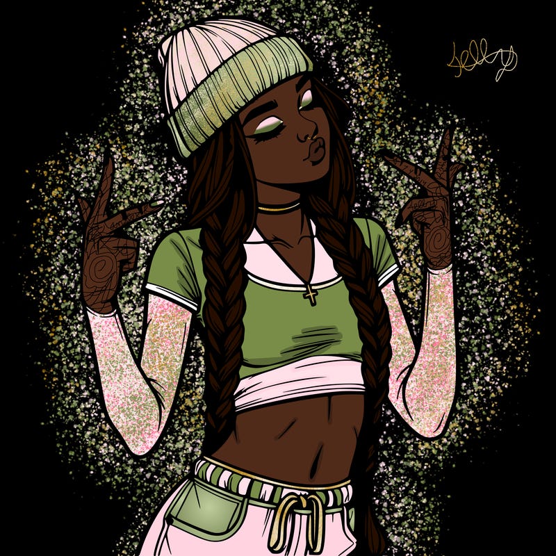 realistic teenage girl with braids and a beanie and crop top doing 🫶🏼