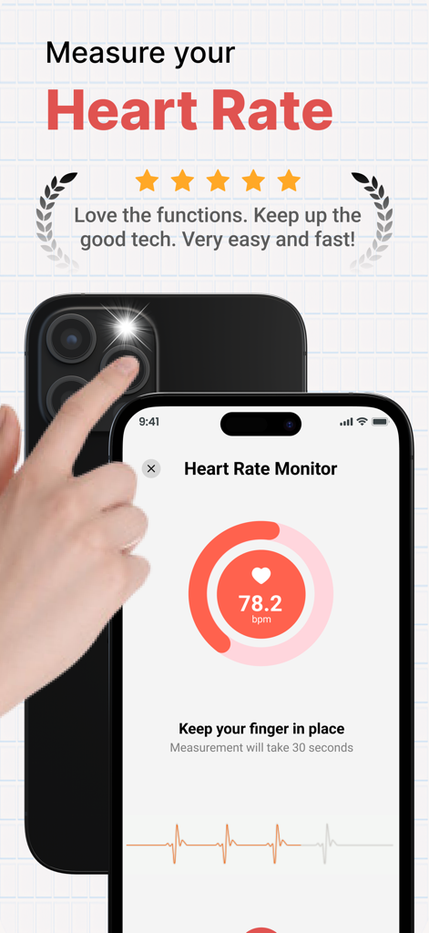 PulseX : Heart Rate Monitor - A person measuring their heart rate using the PulseX app by placing a finger on the phone camera