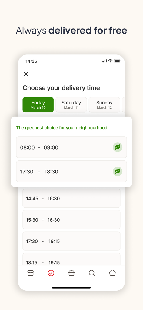 Picnic app screen showing delivery time slot selection with eco-friendly greenest choice options