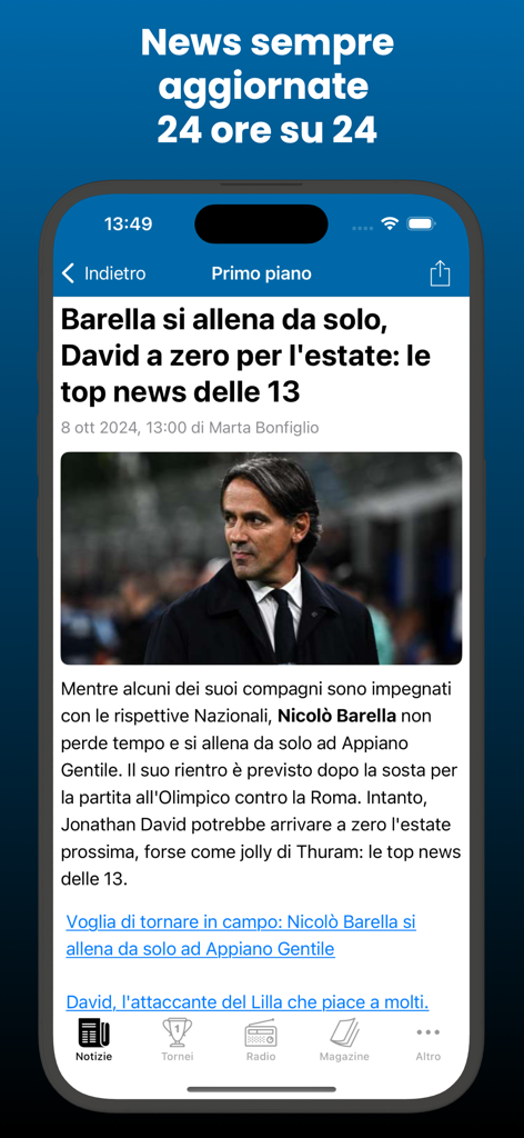 L'Interista - L Interista mobile app news feed showing Inter Milan team news and manager Simone Inzaghi