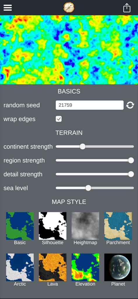 Cartographer - RPG World Maker - Interfaz del creador de mapas Cartographer RPG que muestra controles deslizantes de terreno y ajustes preestablecidos de estilo