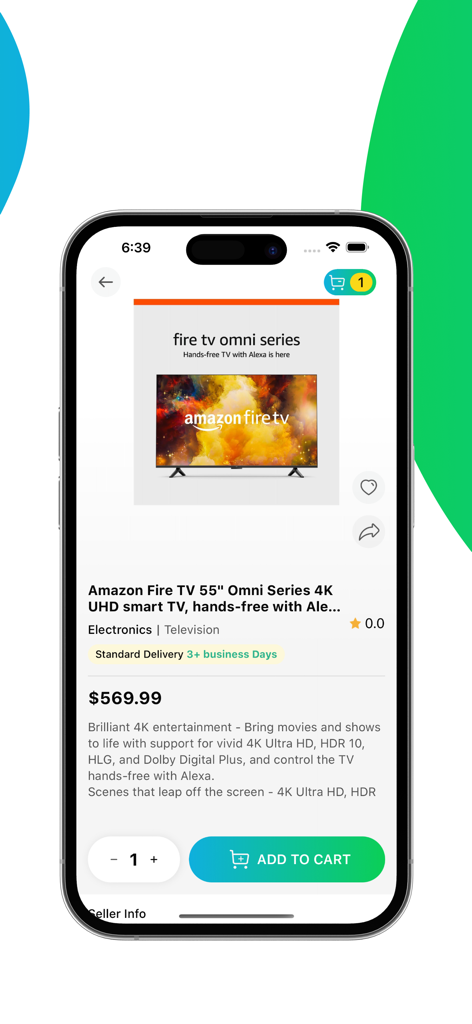 Oasis Marketplace - Oasis Marketplace mobile app showing product details for a smart TV with price and add to cart button