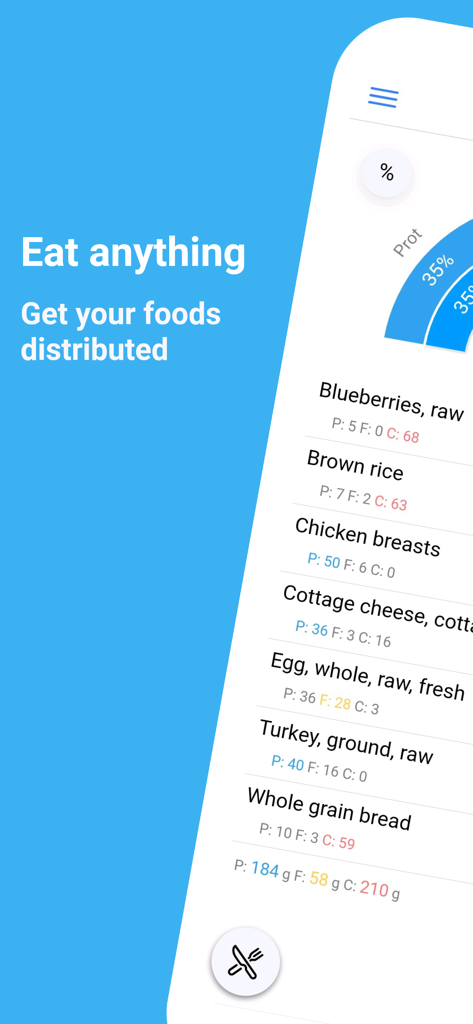 EatFit | Calorie counter - Application EatFit de compteur de calories affichant la répartition des aliments par macronutriments.