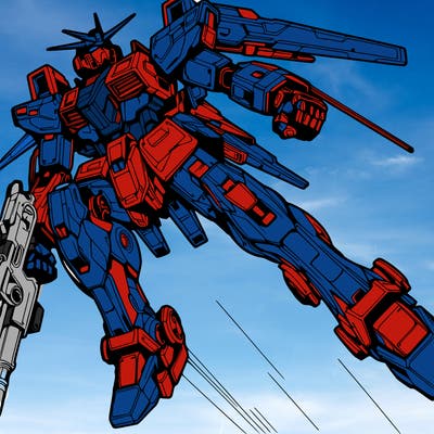 mecha flying through the air.