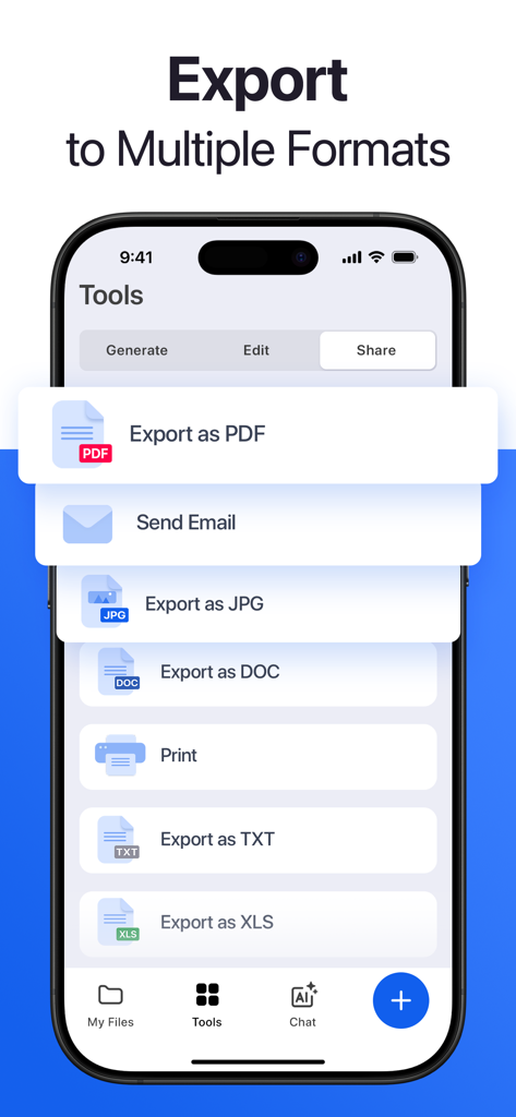 Forma: PDF Document Editor - Interfaz de la aplicación Forma mostrando varias opciones de exportación, incluyendo PDF, JPG, DOC y XLS