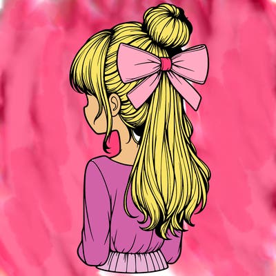 realistic girl  with hip length hair a bun and a big bow on the back of head