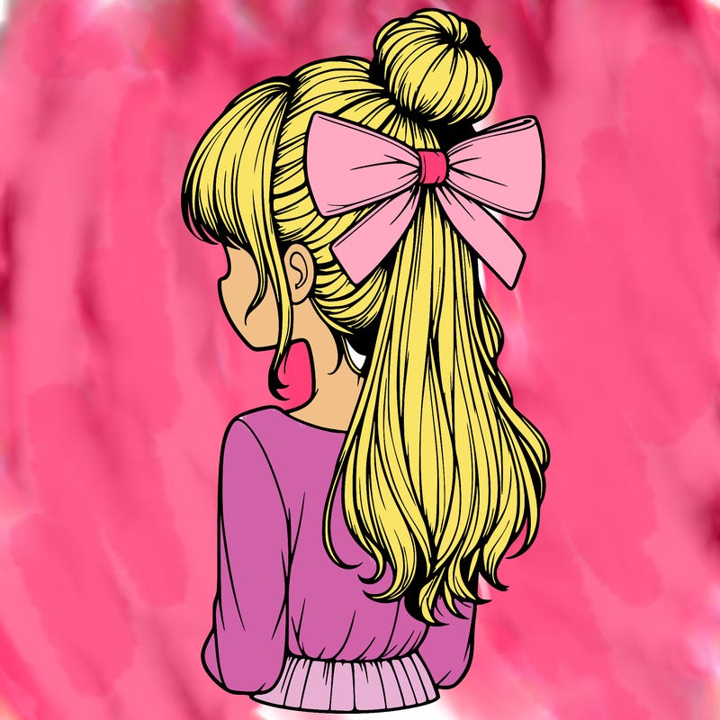 realistic girl  with hip length hair a bun and a big bow on the back of head