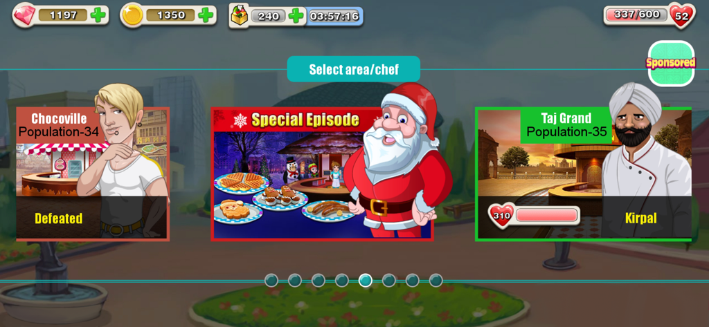 Kitchen Story - Auswahlbildschirm im Kitchen Story Handyspiel mit verschiedenen Restaurantbereichen und Köchen wie Santa und Kirpal