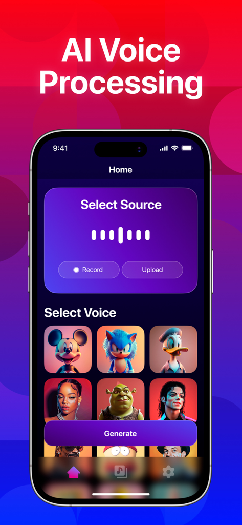 Voice Clone: Changer Song AI - Interfaz de la aplicación Voice Clone que muestra la selección de la fuente de audio y las opciones de voz IA para celebridades y personajes