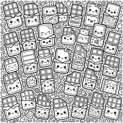 Dive into a world of sugary cuteness with this delightful Kawaii Chocolate Bars coloring page. Each adorable treat and candy is waiting for you to bring it to life with vibrant colors and creative flair.