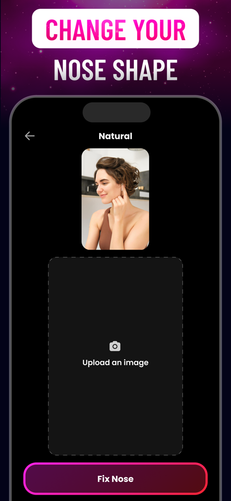 Nose Editor & Retouch: Nosefix - Mobile app screen for Nosefix showing an upload image button and a fix nose feature to change nose shape