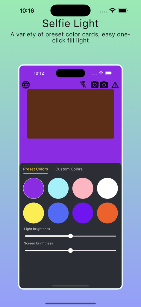 Interfaz de la aplicación Selfie Light con preajustes de iluminación coloridos y controles de brillo