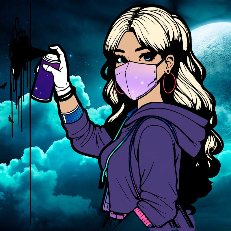 realistic girl with mask spray painting a wall