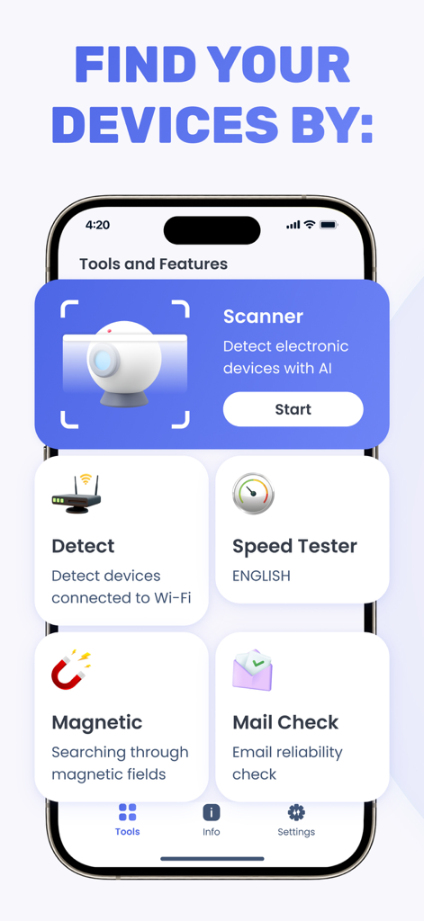 Interfaz de la aplicación Rastreo de Dispositivos - Detector de Espías mostrando características como escáner de IA, detección de Wi-Fi y pruebas de velocidad.