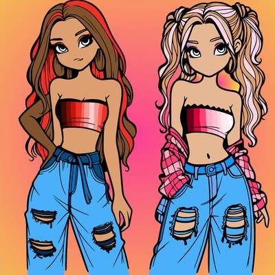 2 girls in crop tops and baggy jeans ripped