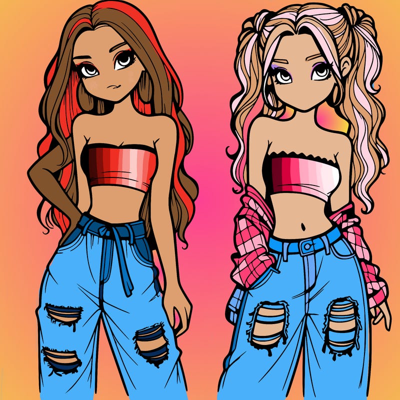 2 girls in crop tops and baggy jeans ripped