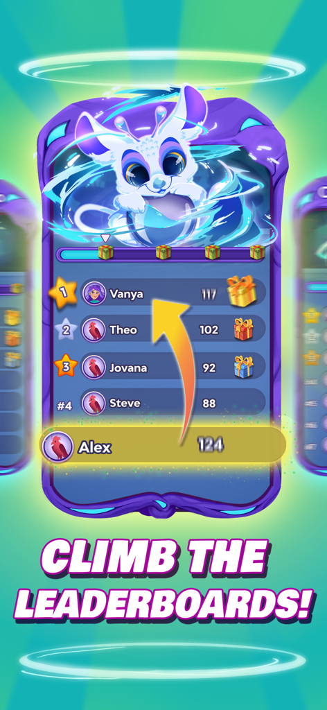 Tabla de clasificación del juego Viola's Quest que muestra las clasificaciones y recompensas de los jugadores