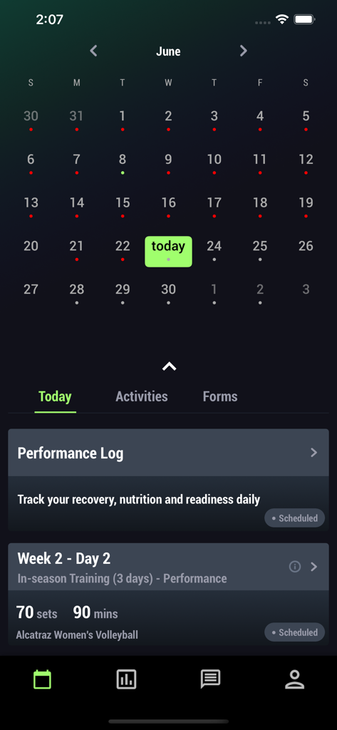BridgeAthletic app interface showing a training calendar and daily workout schedule