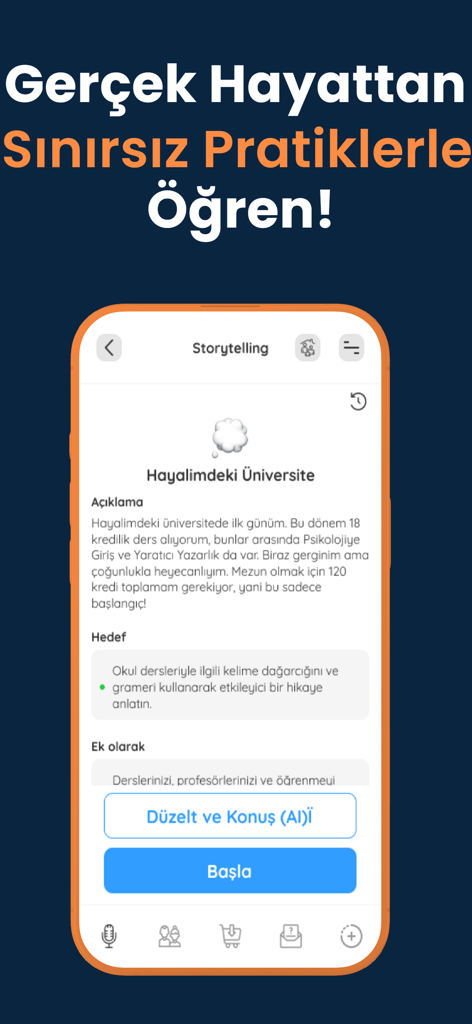 Interfaz de práctica de narración de historias en inglés en la aplicación móvil Konuşarak Öğren con instrucciones en turco y opciones de habla por IA