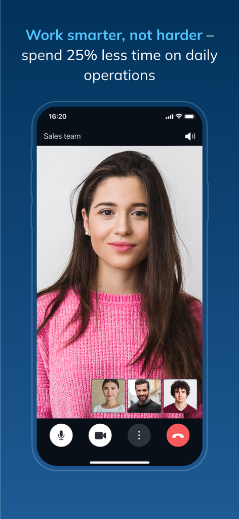 Interfaccia di videoconferenza dell'app mobile Wildix Collaboration 7 che mostra una chiamata di team di vendita.