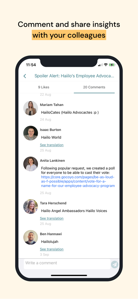 Haiilo Amplify - A mobile interface of Haiilo Amplify showing employees commenting and sharing company insights in an internal social feed.