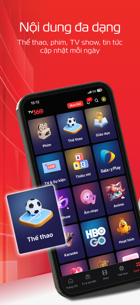 TV360 – Truyền hình trực tuyến - TV360 App-Oberfläche, die verschiedene Unterhaltungskategorien wie Sportfilme und Fernsehsendungen anzeigt.