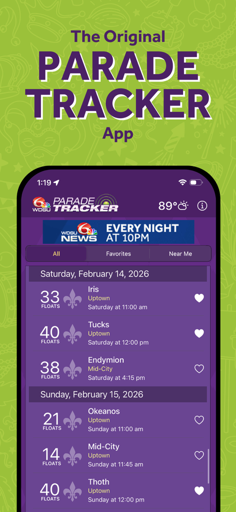 WDSU Parade Tracker app showing a schedule of Mardi Gras parades in New Orleans with times and float counts.