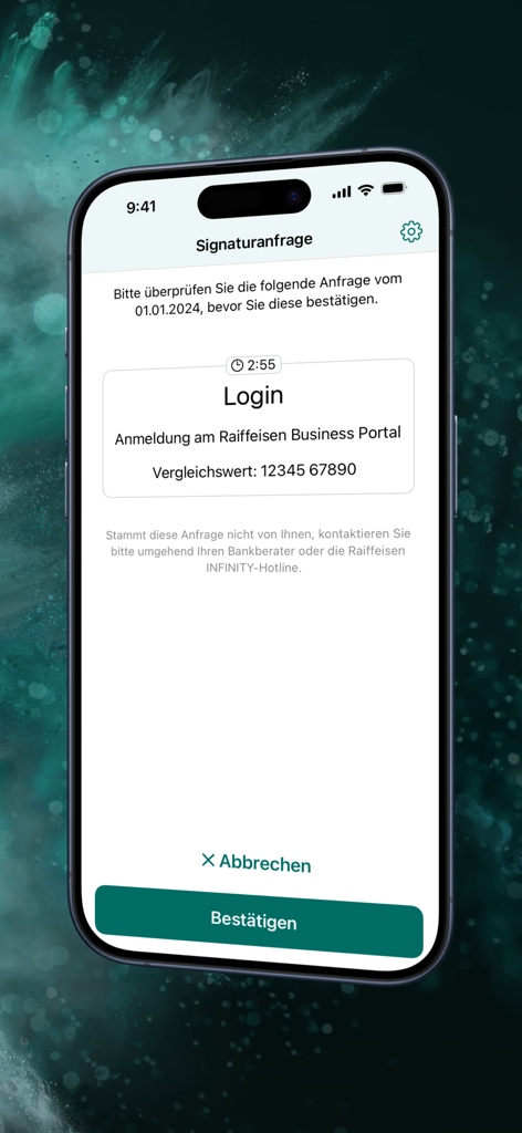 iPhone screen displaying a login signature request for the Raiffeisen Business Portal with confirmation and cancel buttons.