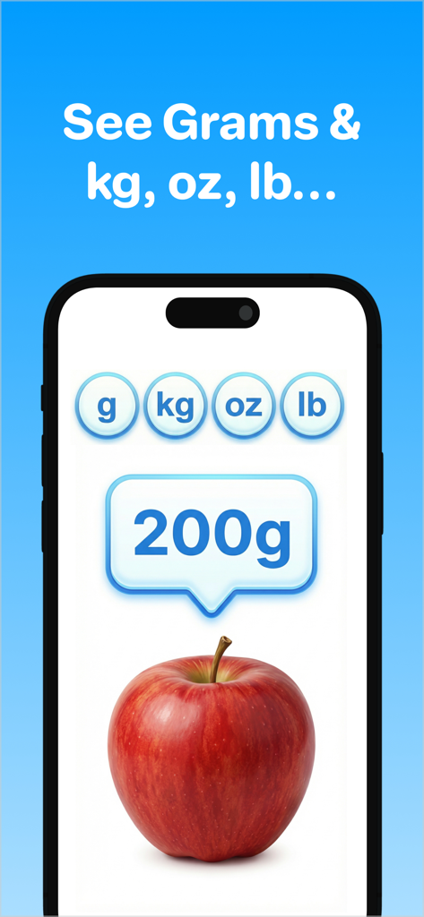 Pesa: Digital Scale for Grams - Pesa 앱 화면에 200그램 사과와 다양한 단위 옵션이 표시됩니다.