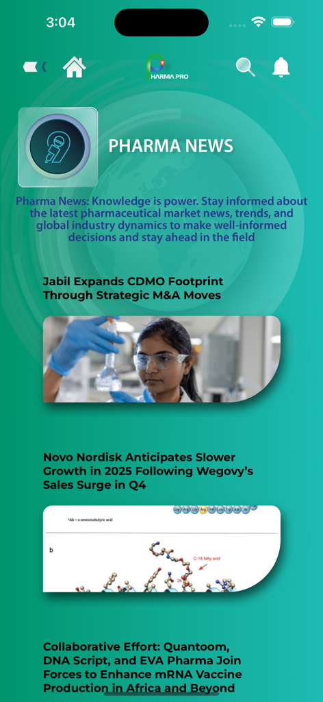 Pharma Pro app interface displaying a feed of the latest pharmaceutical news and industry trends