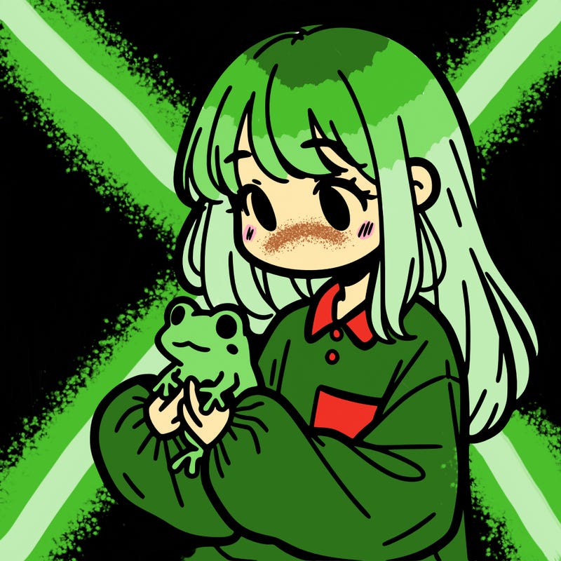 girl with long hair and a oversized shirt. and she is holding a frog