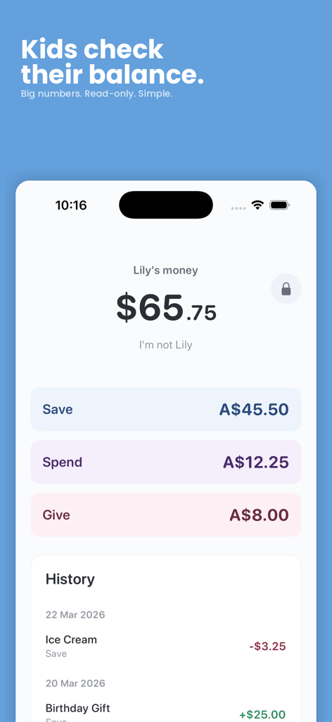 AllowanceKit - A child read-only view in the AllowanceKit app showing total balance and categorized buckets for Save Spend and Give