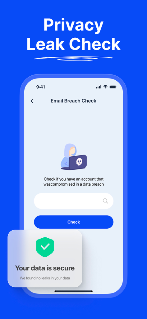 Protect360 Pro - iPhone screen displaying the Protect360 Pro email breach monitor tool with a data security confirmation message