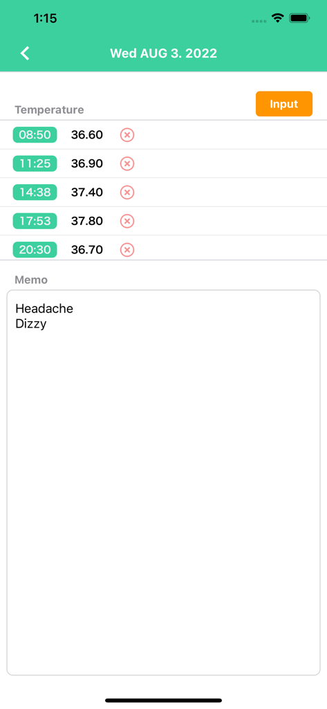Body Temperature Memo - Body temperature log screen showing multiple daily readings and symptom notes for headache and dizziness