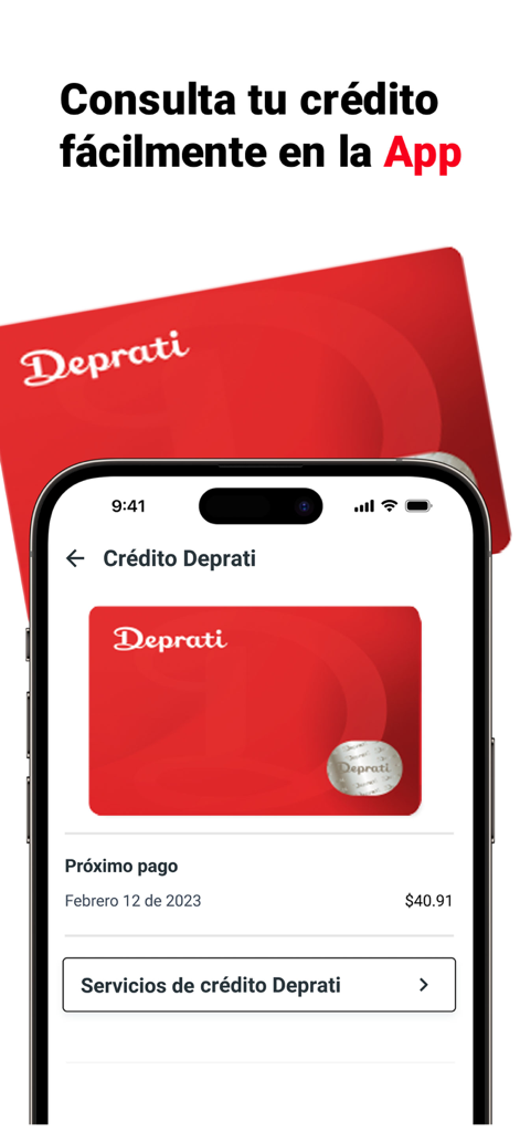 Deprati: Compras Online - Écran mobile montrant l'interface de gestion de crédit de l'application Deprati avec une carte virtuelle et les détails de paiement