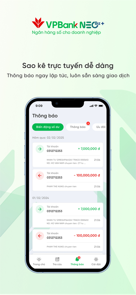 VPBank NEOBiz Plus - VPBank NEOBiz Plus notification screen displaying business balance fluctuations and transaction history