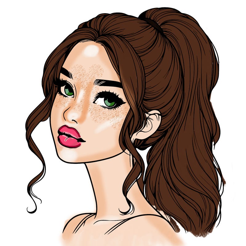 realistic girl with a ponytail on her hair and lips