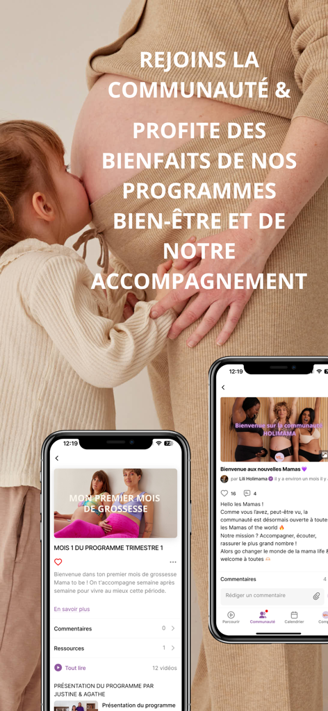 Holi Mama app screens showing pregnancy wellness programs and community interaction