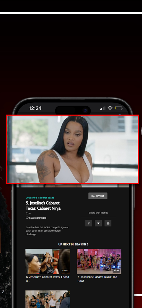 The Zeus Network - The Zeus Network app interface showing an episode of Joseline's Cabaret with video player and episode details