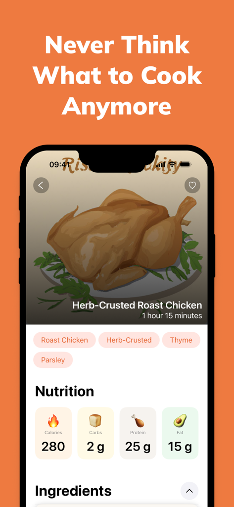 Herb-Crusted Roast Chicken recipe page with nutrition facts in the whichFood app