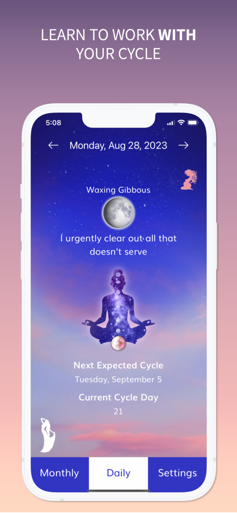 My Moontime™ Period Tracker - Daily dashboard of My Moontime app showing moon phases and menstrual cycle tracking with a spiritual aesthetic