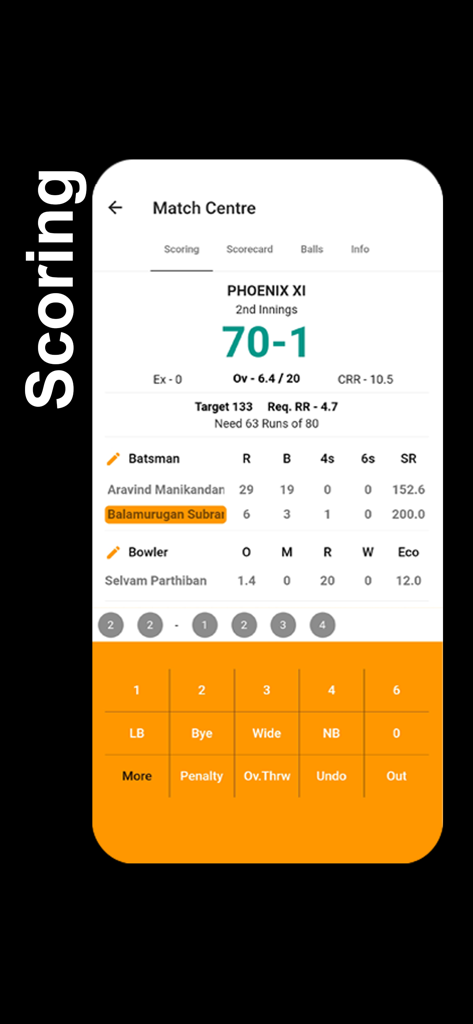 Stumps - The Cricket Scorer - Mobile app interface for cricket scoring showing live match statistics and a numeric keypad for run entry.