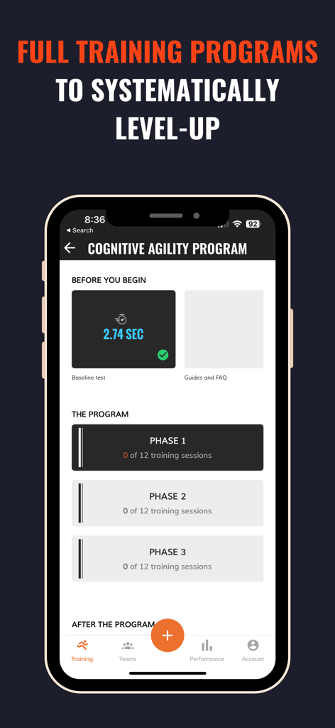 SwitchedOn - Reaction Training - Mobile phone screen displaying the SwitchedOn app cognitive agility program with phased training sessions and baseline test results