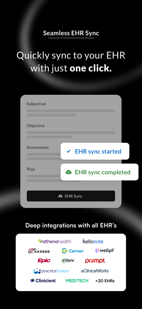 Commure Ambient app interface showing one-click EHR synchronization and a list of integrated electronic health record systems including Epic and Cerner.