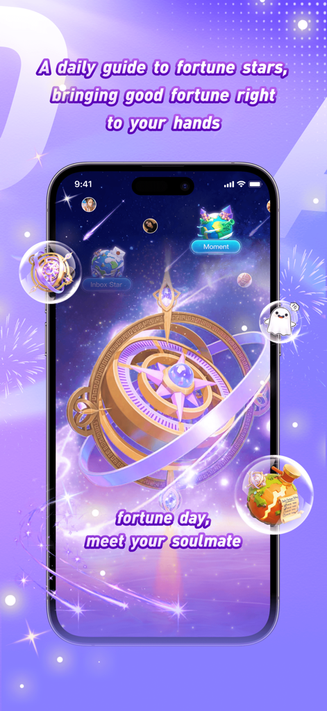 Aoda - Aoda App-Screenshot, der die Fortune Stars und die Entdeckungsfunktion für Seelenverwandte hervorhebt.