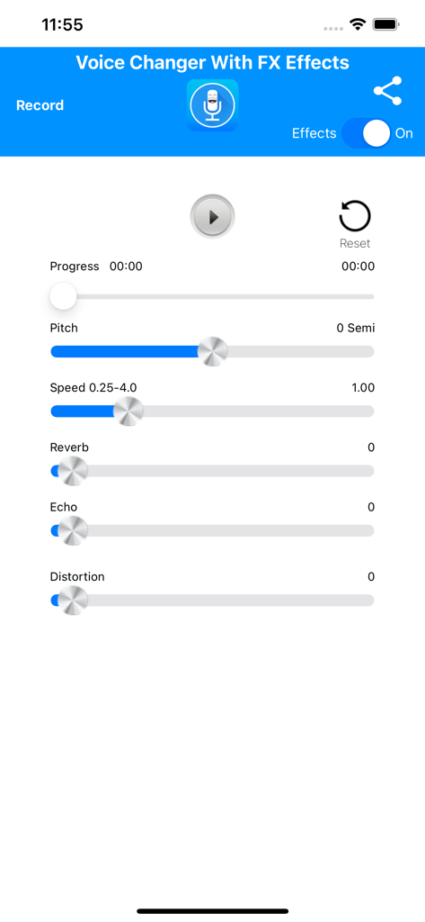 Voice Changer With FX Effects - Interface do aplicativo Gravador de Voz com Efeitos FX mostrando controles deslizantes para ajustes de velocidade de tom, reverb, eco e distorção